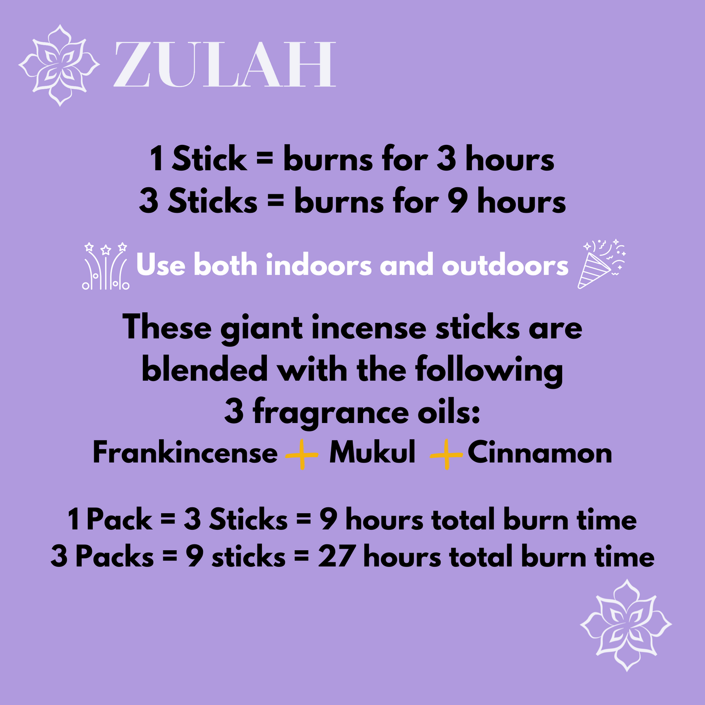 Giant Luxury Incense Sticks Burn for 3 Hours - Frankincense, Cinnamon, Mukul Blend