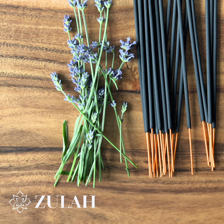 Lavender sprigs beside Zulah incense sticks