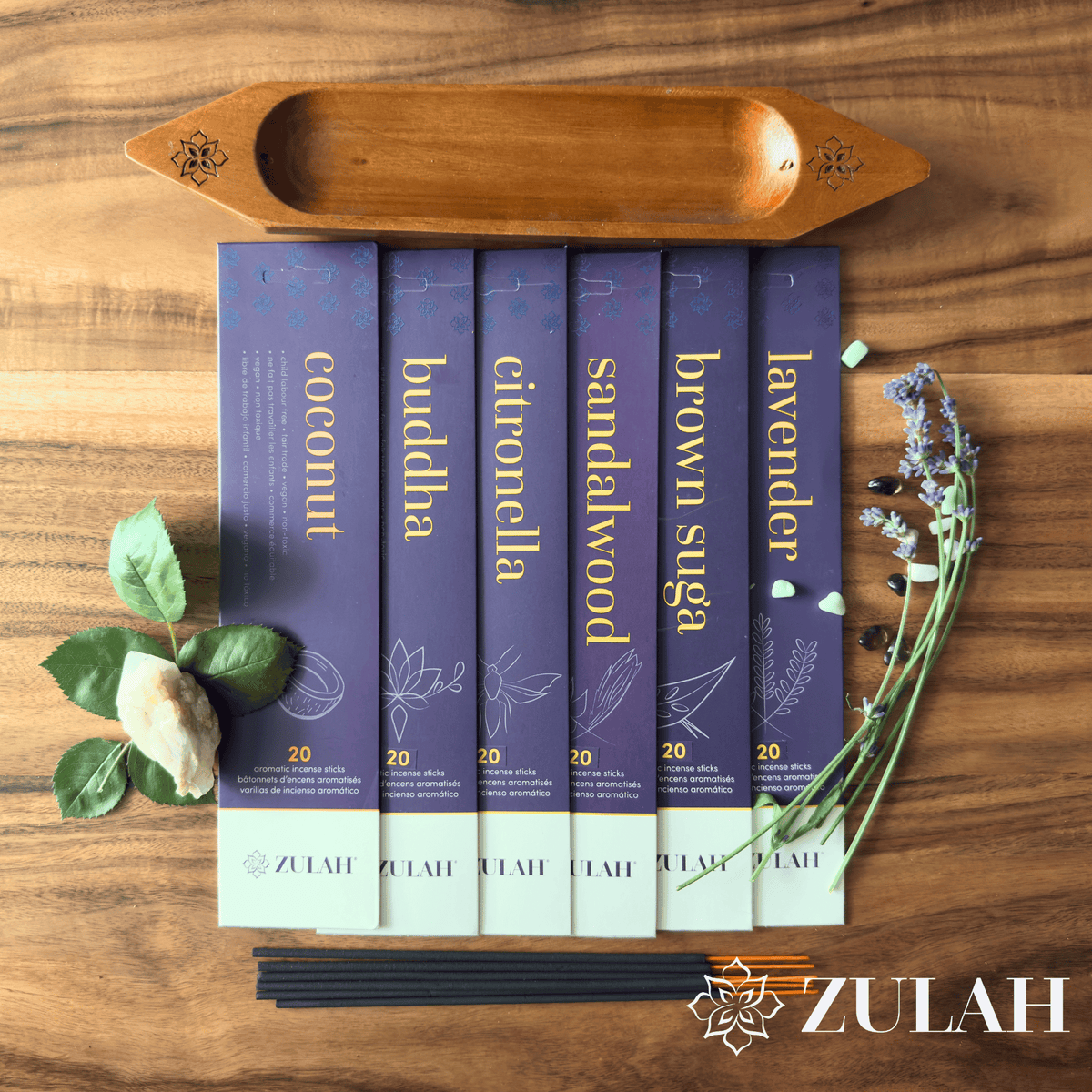 Incense Gift Set – Choose 6 Packs + Flat or Mahogany Holder