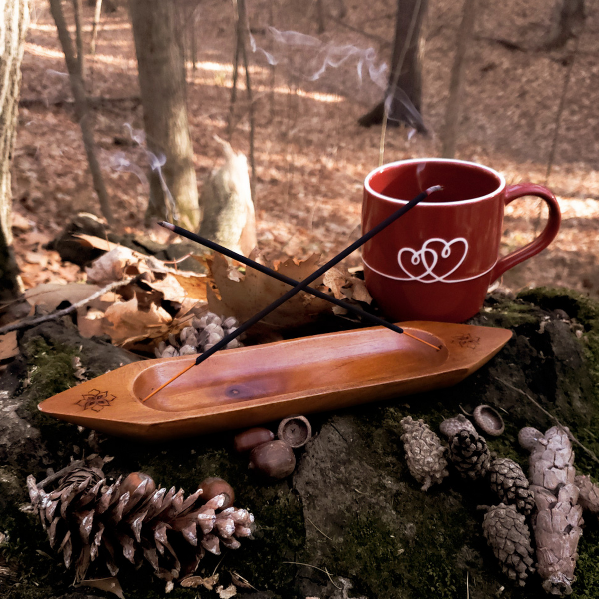 Incense sticks outdoors with a mahogany incense holder burning two sticks