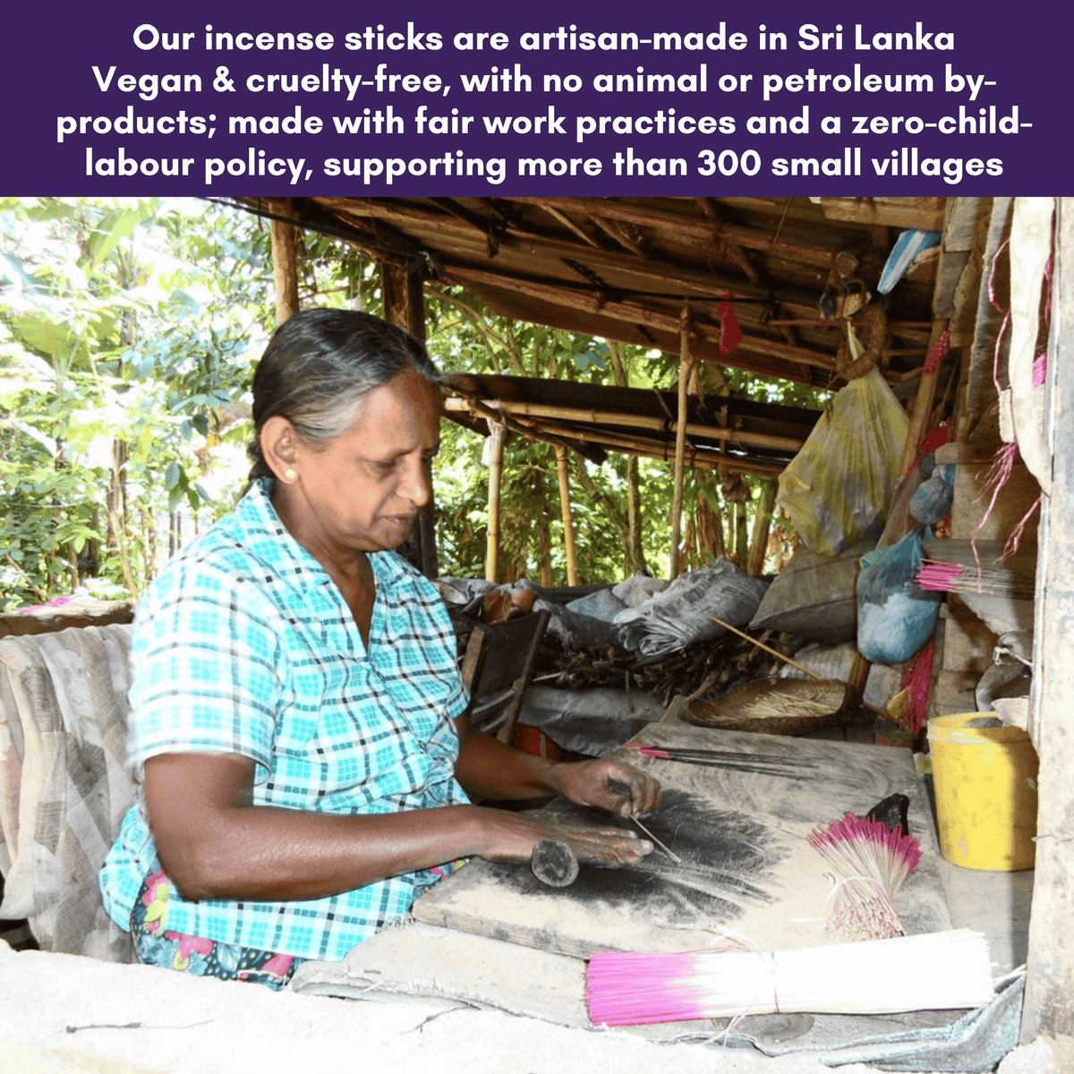 Zulah incense is vegan, cruelty-free, hand-dipped in Sri Lanka, and supports over 300 villages